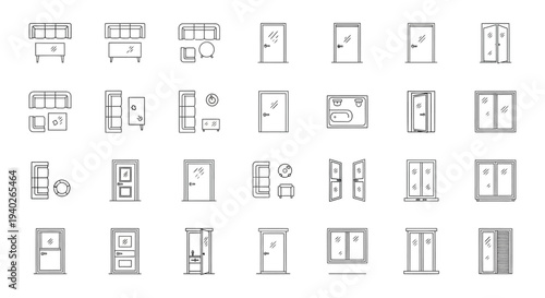 a collection of minimalist line art icons for architectural elements and furniture ideal for building plans and interior design layouts illustrating home decor symbols.