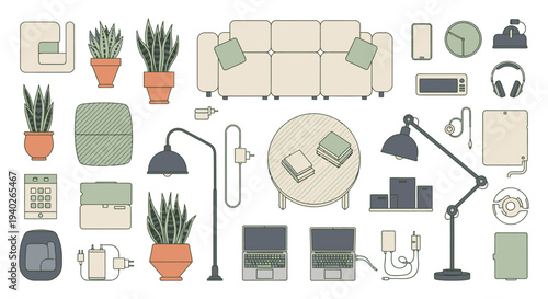 a collection of modern home and office essentials in a flat lay vector illustration ideal for smart living and remote work concepts.