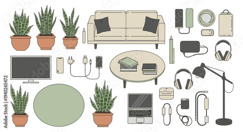 a collection of modern flat design home and tech items for a digital lifestyle and interior illustration