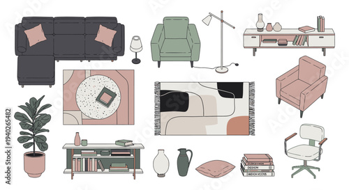 a collection of modern home furniture and decor items arranged illustratively for contemporary interior design concepts