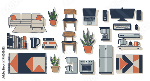 a collection of modern household items and home furniture in flat design style perfect for interior design concept illustrations.