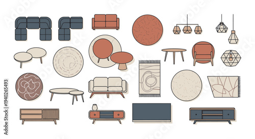 a collection of modern minimalist home furniture and decor elements perfect for interior design layouts and architectural floor plans.