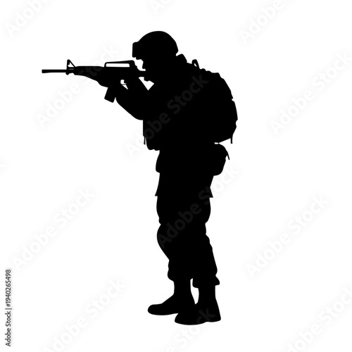 Silhouette Soldier: A stoic soldier stands ready, embodying strength and determination as they aim their weapon, ready for action.