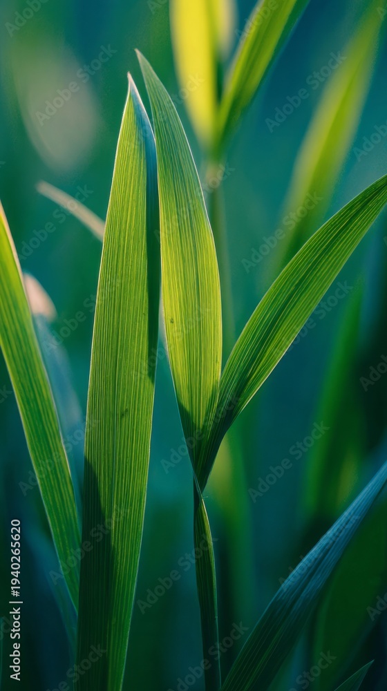 Obraz premium Macro close-up of fresh green grass blades illuminated by soft sunlight gradient.