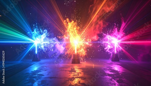 Colorful Light Beams and Reflections in a Dark Room.