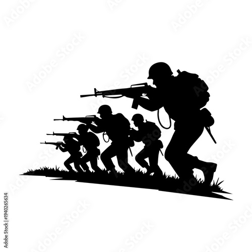 Shadow Soldiers Marching in Unity: Silhouetted soldiers move forward with rifles at the ready, conveying a sense of unity and unwavering resolve in their mission.