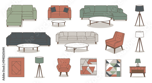 a curated collection of modern living room furniture pieces showcasing sofas armchairs and coffee tables for home interior design ideas