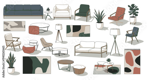 a curated collection of modern minimalist furniture and home decor items like sofas chairs and rugs for stylish interior design.