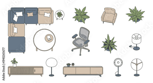 a curated selection of modern isometric and top-down furniture and home decor perfect for interior design layouts and home staging.