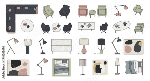 a diverse collection of modern home furniture and decor items illustrated in a minimalist style for interior design projects