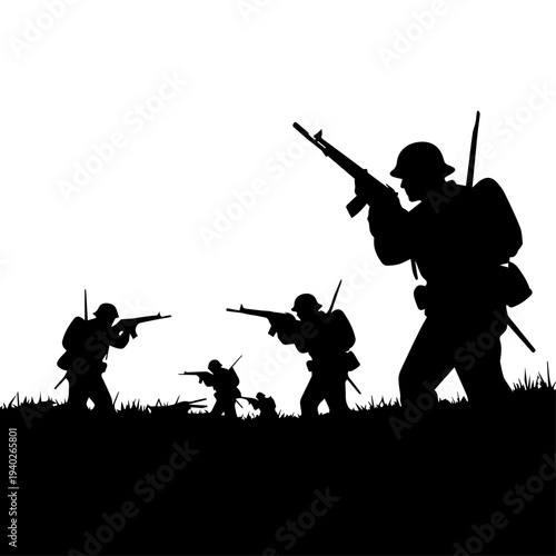 Soldiers Silhouette in Battle: Dramatic silhouettes of determined soldiers engaged in battle, their resolve etched against the horizon.