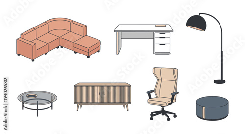 a modern home and office furniture collection with an l-shaped sofa desk and ergonomic chair ideal for interior design concepts.