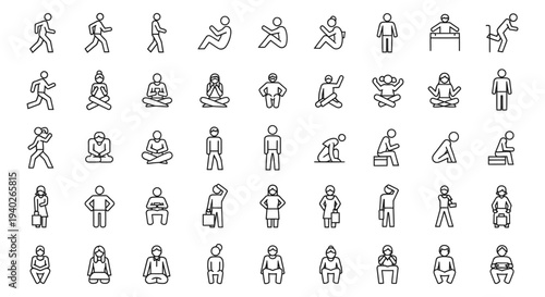a large set of outline pictogram icons illustrating various human actions poses and emotions for infographics and ui design