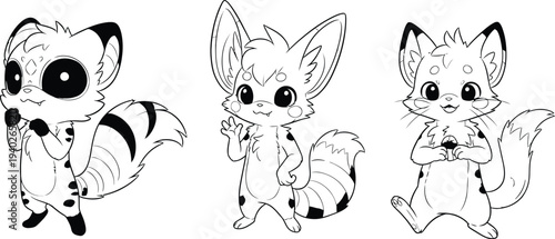 Three adorable cartoon creatures with bat wings and fox ears