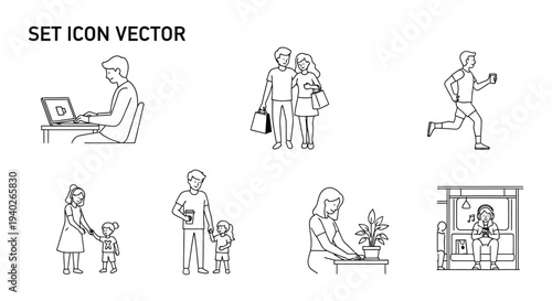 minimalist set of everyday life activity icon vectors featuring people working exercising shopping and family interactions.