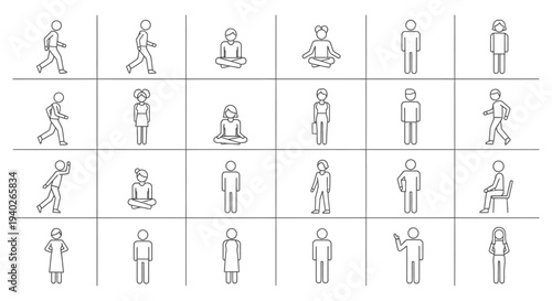 minimalist people icons set illustrating diverse human figures in various poses ideal for web design infographics and conceptual projects