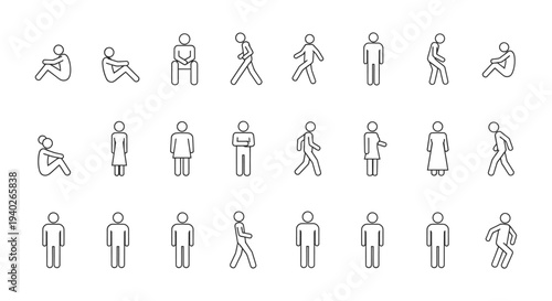 minimalist stick figure icons illustrating diverse human poses and actions including sitting standing and walking perfect for conceptual design.
