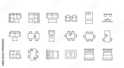 minimalist top view furniture layout line art icons for interior design and architectural floor plan diagrams