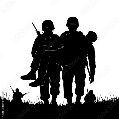 Valor in Silhouette: In a stark black and white silhouette, soldiers demonstrate unwavering camaraderie and sacrifice as they carry a fallen comrade.