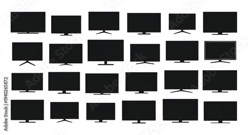 A collection of black television screens on stands