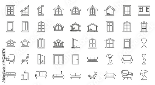 minimalist vector line icons of houses windows doors and furniture perfect for home decor and interior design concepts.