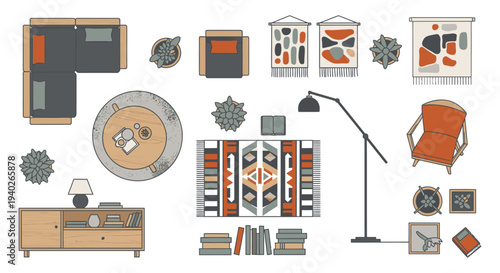 modern bohemian minimalist home decor flat lay top view for interior design planning showcasing furniture and decor.