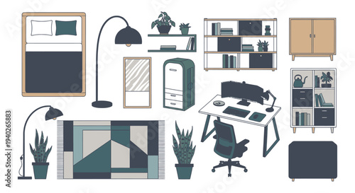 modern flat design furniture and home decor elements collection perfect for interior design layouts and home office styling with essential domestic objects.