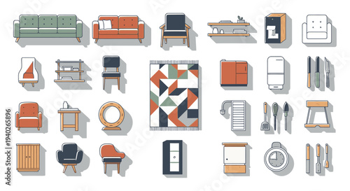 modern flat design vector icons of various home furniture kitchen appliances and decor items for interior design concepts