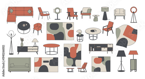 modern furniture and home decor items with abstract rugs showcasing a mid-century aesthetic for stylish interior design.