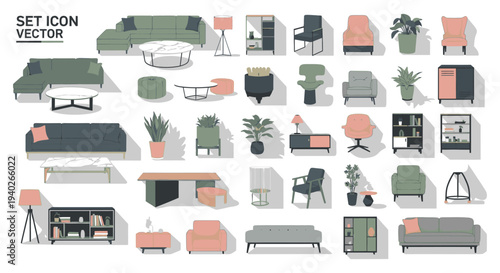 modern furniture and home decor vector set featuring sofas armchairs tables and plants for interior design concepts.