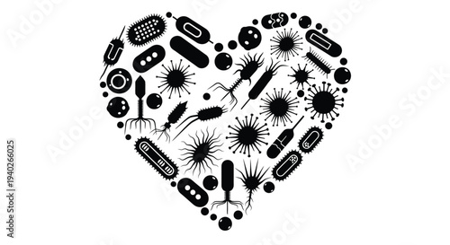 Black heart composed of diverse microbial forms a striking silhouette