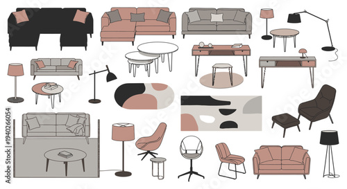 modern furniture collection for interior design featuring neutral sofas chairs and tables for contemporary home decor.