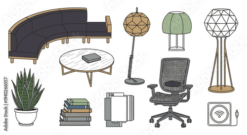 modern furniture and smart home accessories including office decor plants and lamps illustrated for interior design concepts.