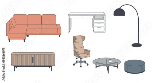 modern furniture collection isolated on white background showcasing various home and office pieces for interior design