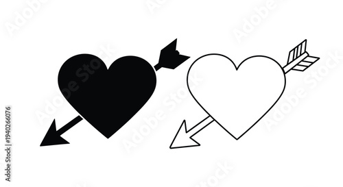 Two hearts pierced by arrows contrasting forms in black silhouette
