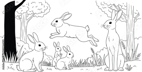 Rabbits playing in a forest glade with trees and grass