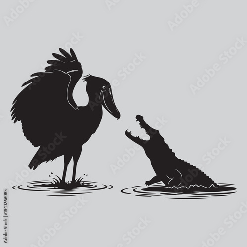 shoebill crocodile marsh dominance clash silhouette vector design art and illustration