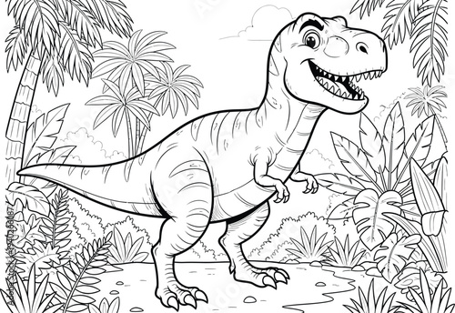 Smiling dinosaur in a prehistoric forest