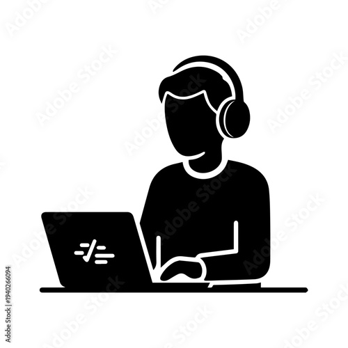 Code Maestro: A focused individual immersed in the digital realm, coding diligently on a sleek laptop while wearing noise-canceling headphones, and embodying the modern programmer.