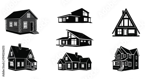 Black silhouettes of various house styles against a white background silhouette