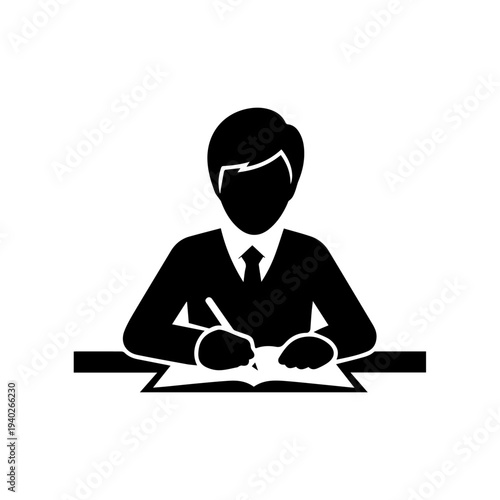 Writing at Desk: A stylized illustration of a person engrossed in writing, meticulously penning notes at a desk, the epitome of focused work.