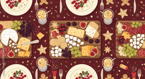 a festive christmas party charcuterie board spread with gingerbread winter drinks and confetti on a red table ideal for holiday celebration menus.