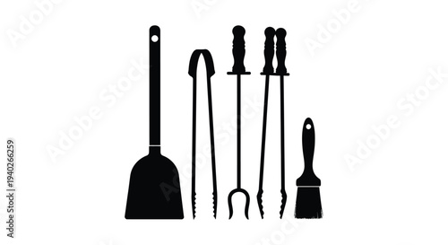 Black fireplace tools arranged in a striking minimalist silhouette