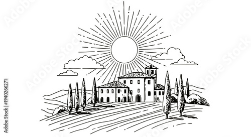 a hand-drawn tuscan landscape with an italian villa cypress trees and sunny hills perfect for rustic travel designs.