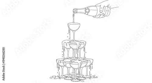 a hand pours champagne into a cascading tower of overflowing coupe glasses symbolizing celebration and luxury.