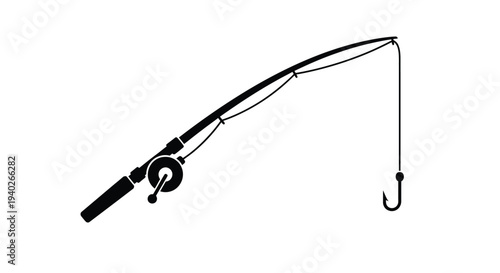 Simple black silhouette of a fishing rod and hook silhouette