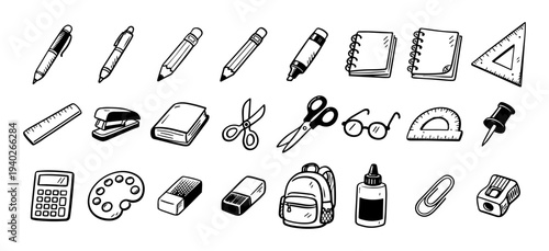 Hand Drawn School and Office Supplies Doodle Icons Set – Pen, Pencil, Notebook, Ruler, Scissors, Calculator, Backpack, Stationery Sketch Collection