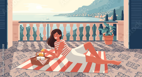 a relaxed woman enjoying a summer picnic with cheese on a sunny balcony overlooking a picturesque coastal landscape.