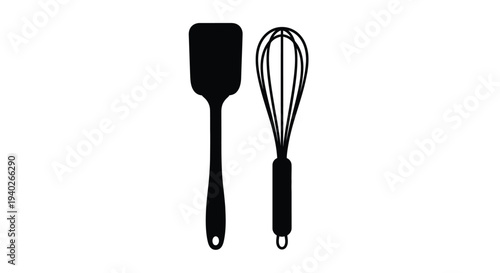 Black kitchen utensils including a spatula and whisk silhouette
