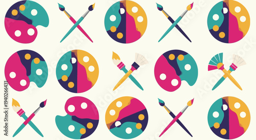 colorful graphic art supplies illustration featuring various paint palettes and crossed brushes for creative painting concepts.